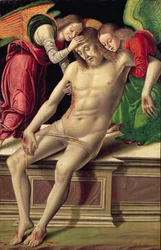 Dead Christ supported by two angels